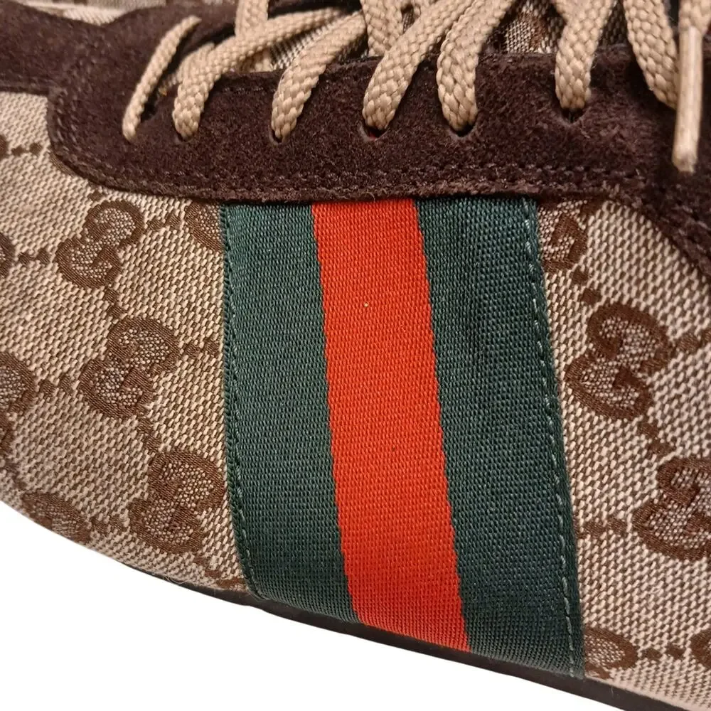 Gucci Web Detail Trainers Men 9.5 GG Canvas Suede Brown Tan Logo w‎ BOX AND Card
